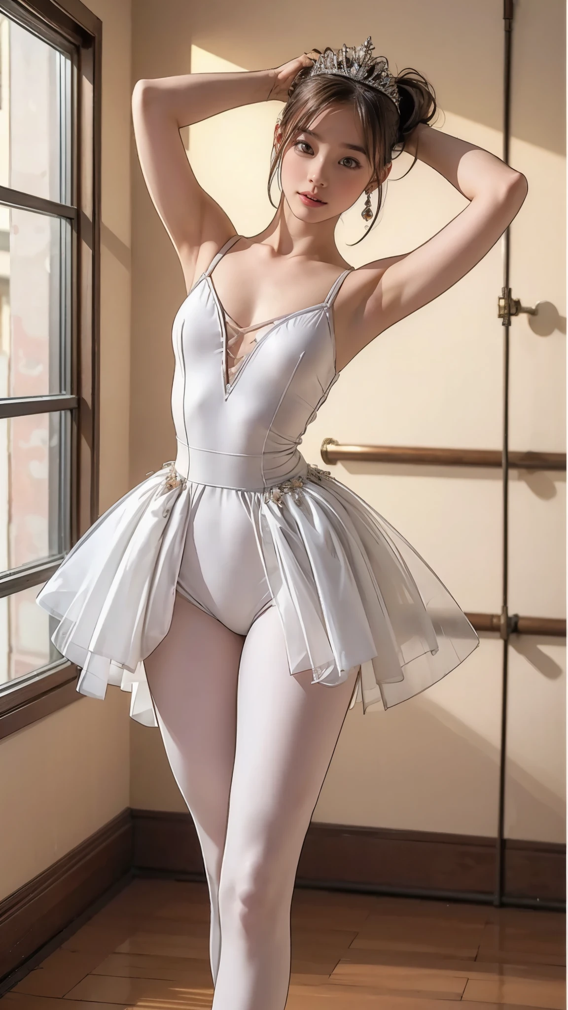 最  High Quality ,   high definition , Realistic,   COMPLETE ANATOMY ,   Very detailed,    detailed face  , Detailed body,   High Quality , (  place your arms behind your head :1.3),    gentle smile,  ballet dancers, (A costume that fits the body very well:1.4,  Very Thin生地),  , Droopy eyes,  cute girl, Young Face, ballerina,  Very Thin:1.5,  Very Thin waist:1.4,     sexy standing pose    , Ballet Dance Room, ((cold,   tiara  ))