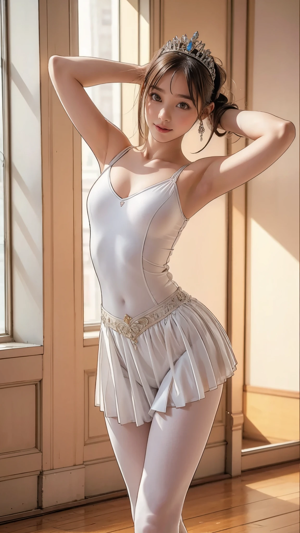 最  High Quality ,   high definition , Realistic,   COMPLETE ANATOMY ,   Very detailed,    detailed face  , Detailed body,   High Quality , (  place your arms behind your head :1.3),    gentle smile,  ballet dancers, (A costume that fits the body very well:1.4,  Very Thin生地),  , Droopy eyes,  cute girl, Young Face, ballerina,  Very Thin:1.5,  Very Thin waist:1.4,     sexy standing pose    , Ballet Dance Room, ((cold,   tiara  ))