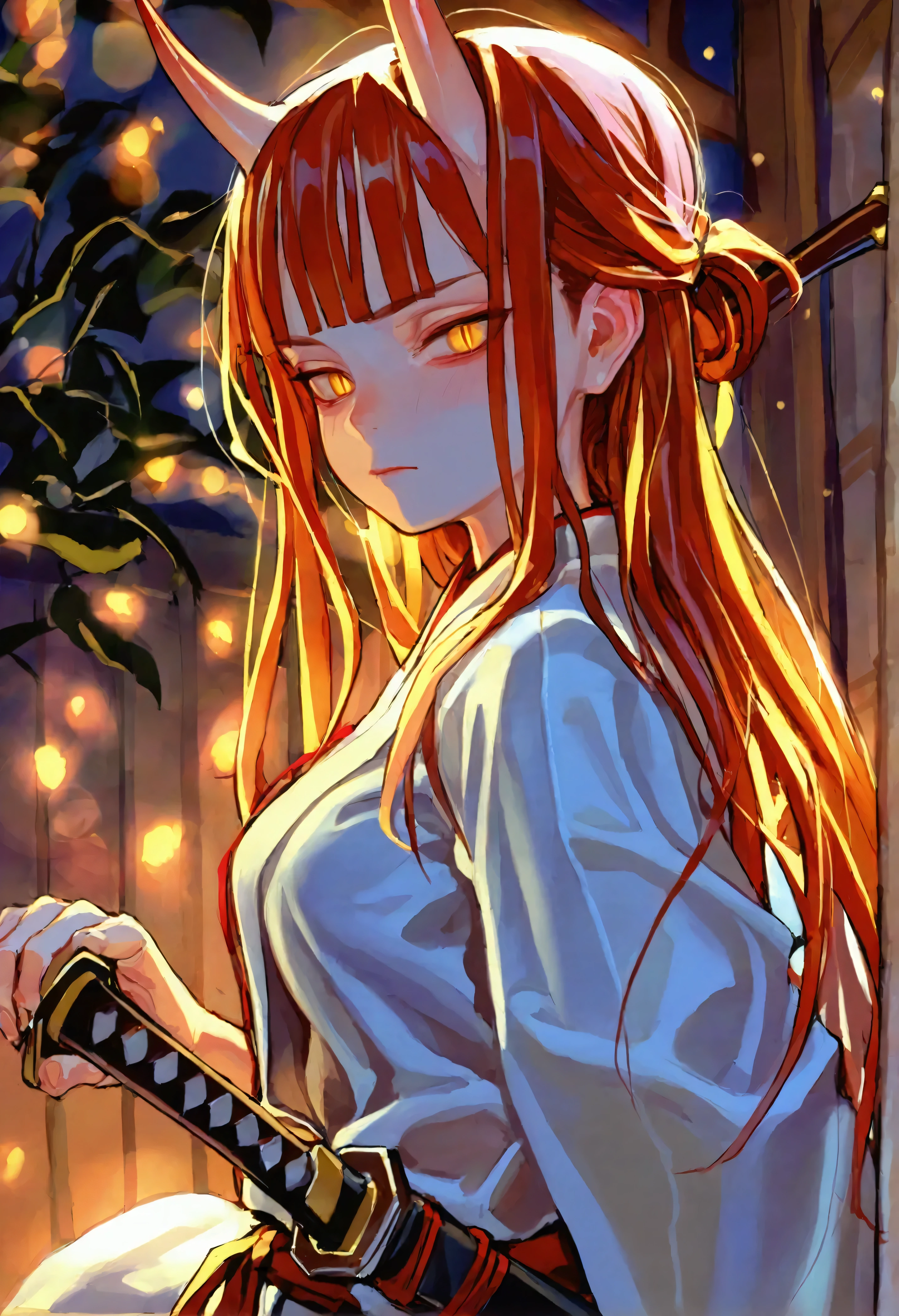 fkey,ciloranko,1girl,adult,mature female,tall female,long hair,red hair,folded ponytail,blunt bangs,yellow eyes,glowing eyes,slit pupils,(angry:0.6),(half-closed eyes:0.8),medium breasts,holding sword unsheathing,nontraditional miko,light particles,lens-flare,cinematic lighting,depth of field,deep glow effect,skindentation,oni horns,iaidou,low stance,crouching,, score_9,score_8_up,score_7_up