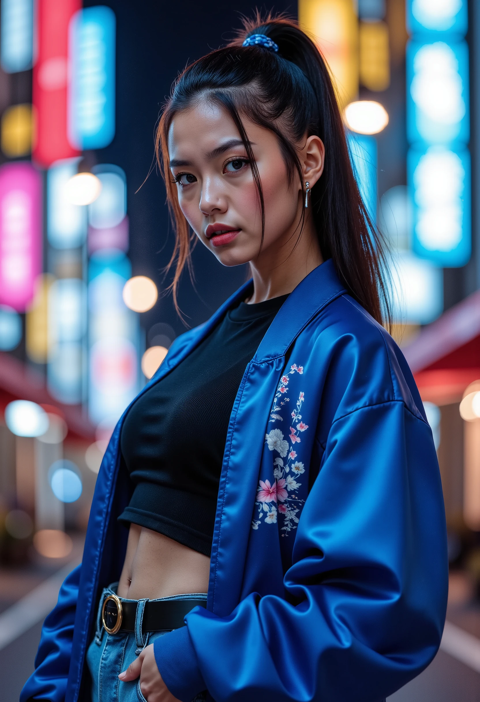 sukajan, Professional photography, portrait of a woman wearing blue jacket and jeans, black hair, ponytail hair with, neon city in background, bokeh, depth of field 