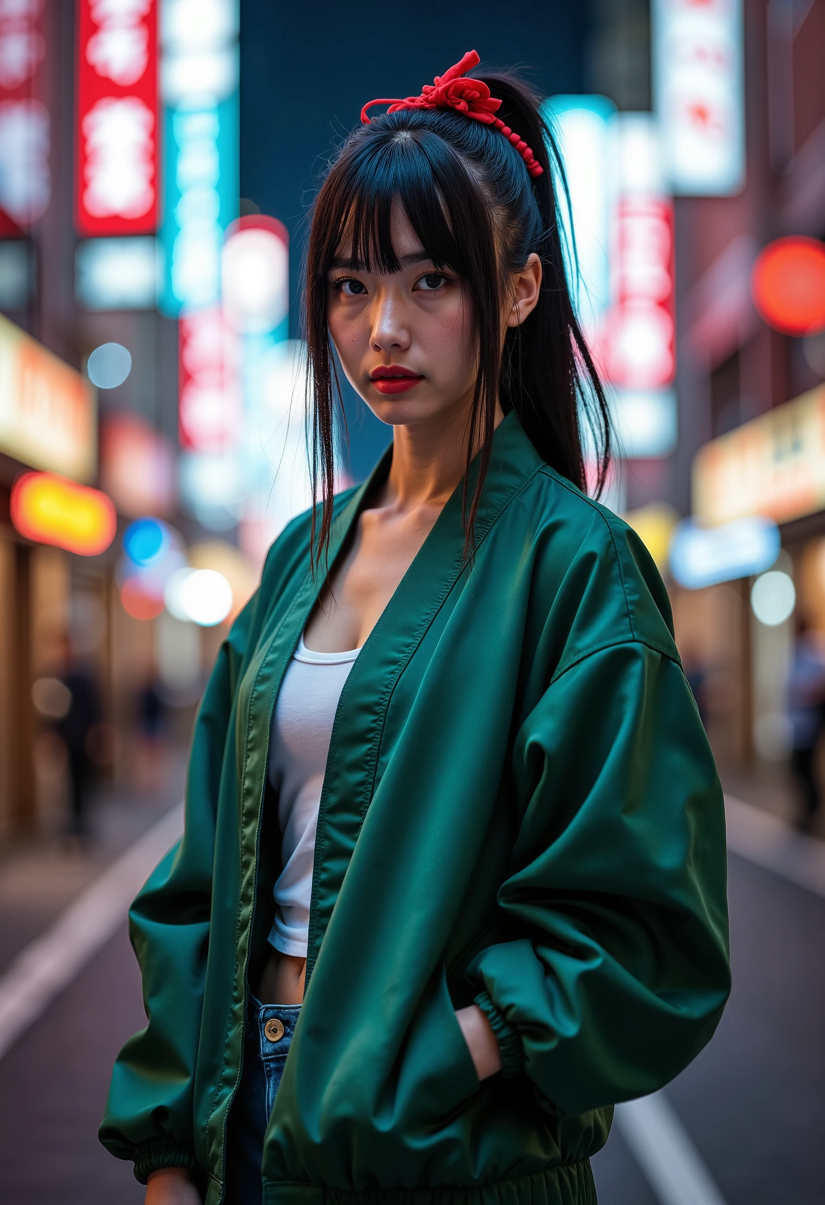 sukajan, Professional photography, portrait of a woman wearing green jacket and jeans, black hair, ponytail hair with red ribbon, neon city in background, bokeh, depth of field 