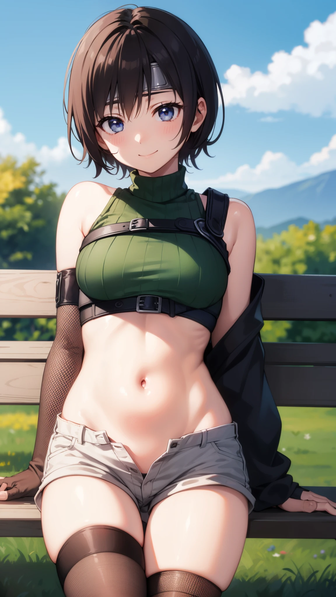 yuffiekisaragi, Yuffie Kisaragi,Haircuts, pixie cut,
壊す crop top, fingerless gloves, fishnet Thighhighs, fishnet, forehead protector, gloves, head band, belly button, short shorts, shorts, single sleeve, single thigh high, No sleeve, No sleeve turtleneck, Thighhighs, turtleneck,
bench、blue sky、smile, solo