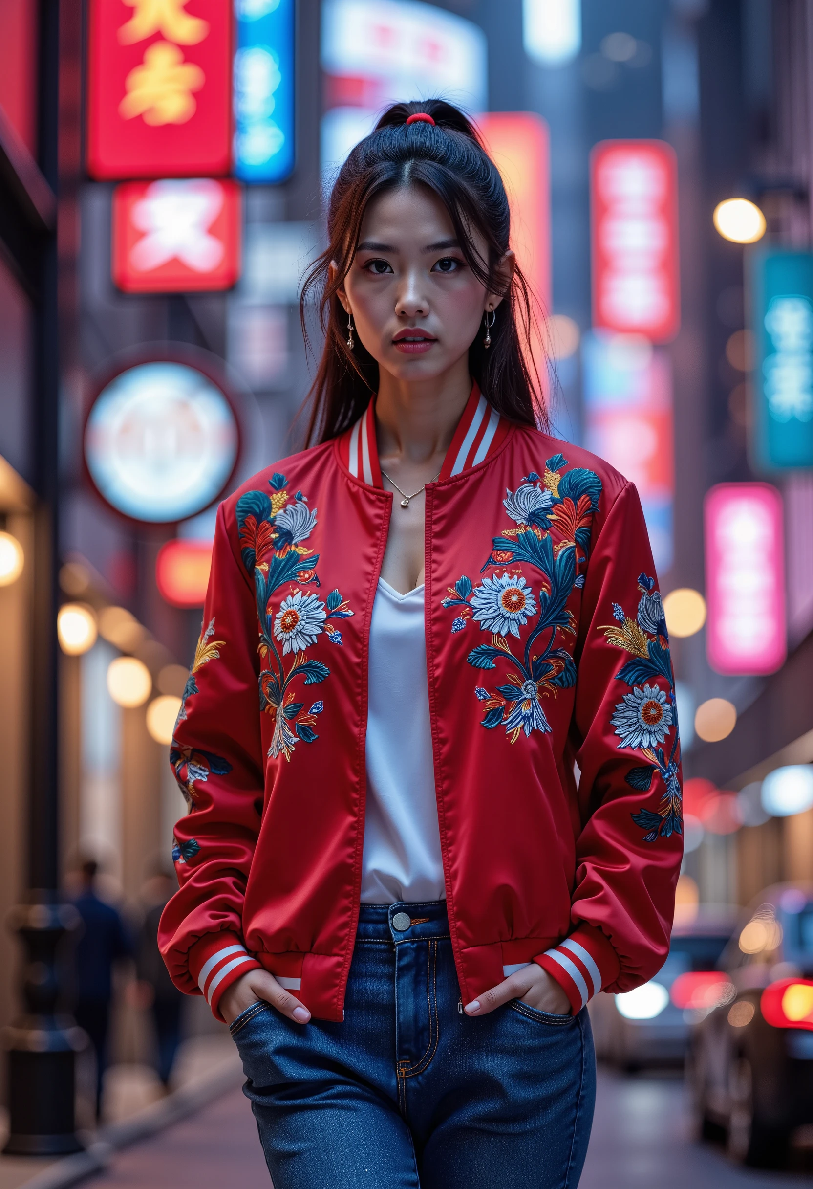 sukajan, Professional photography, portrait of a woman wearing red jacket and jeans, black hair, ponytail hair with, neon city in background, bokeh, depth of field 