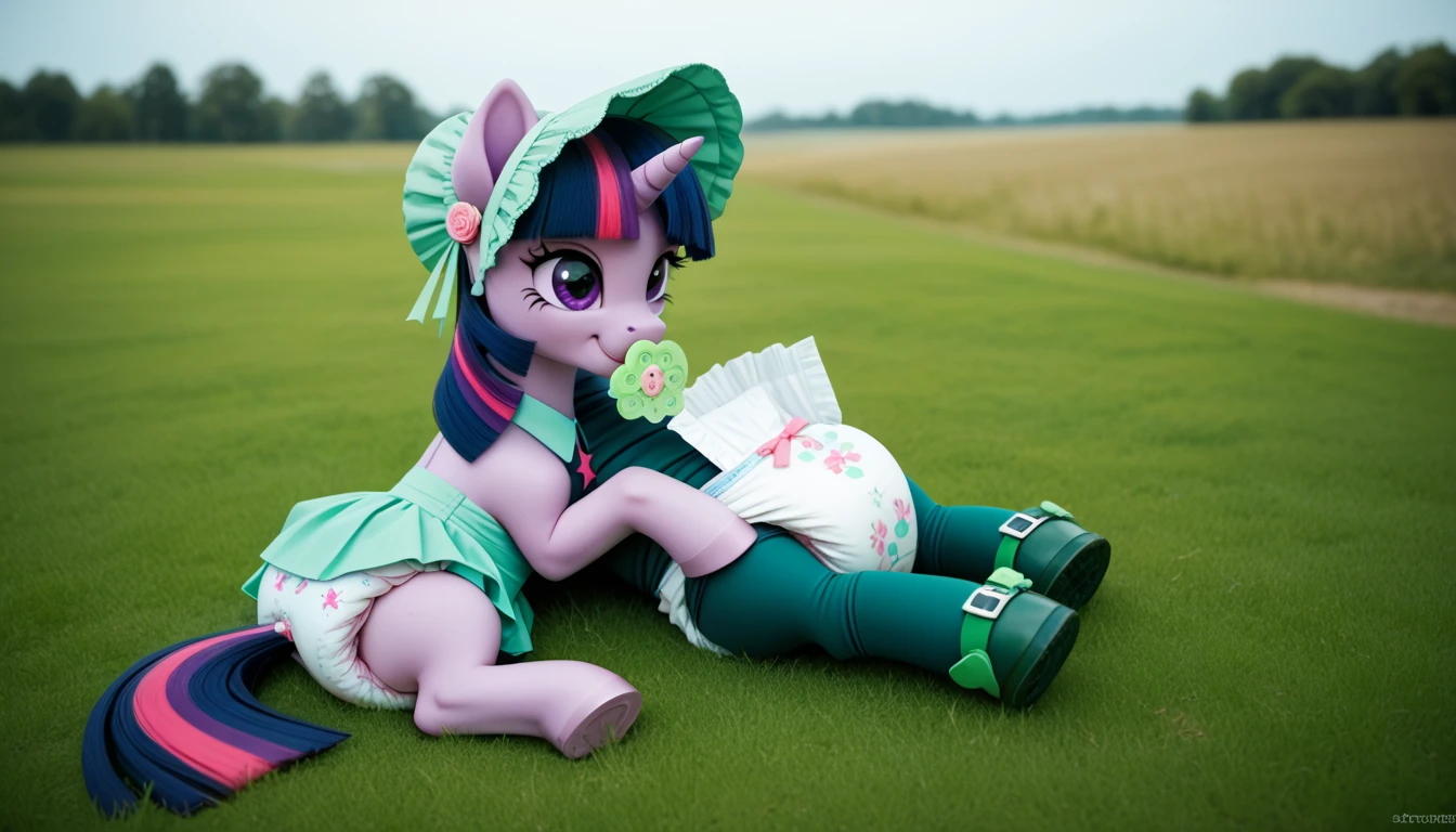 pony unicorn alone ,  Twilight Sparkle, filly , mane, gathered in a green bonnet, dark blue tail with a purple strand and a pink strand,  purple eyes , sitting outside on the grass, dressed in a green bodysuit and green booties,  green pacifier in her mouth , solo, thick diaper under clothes. 