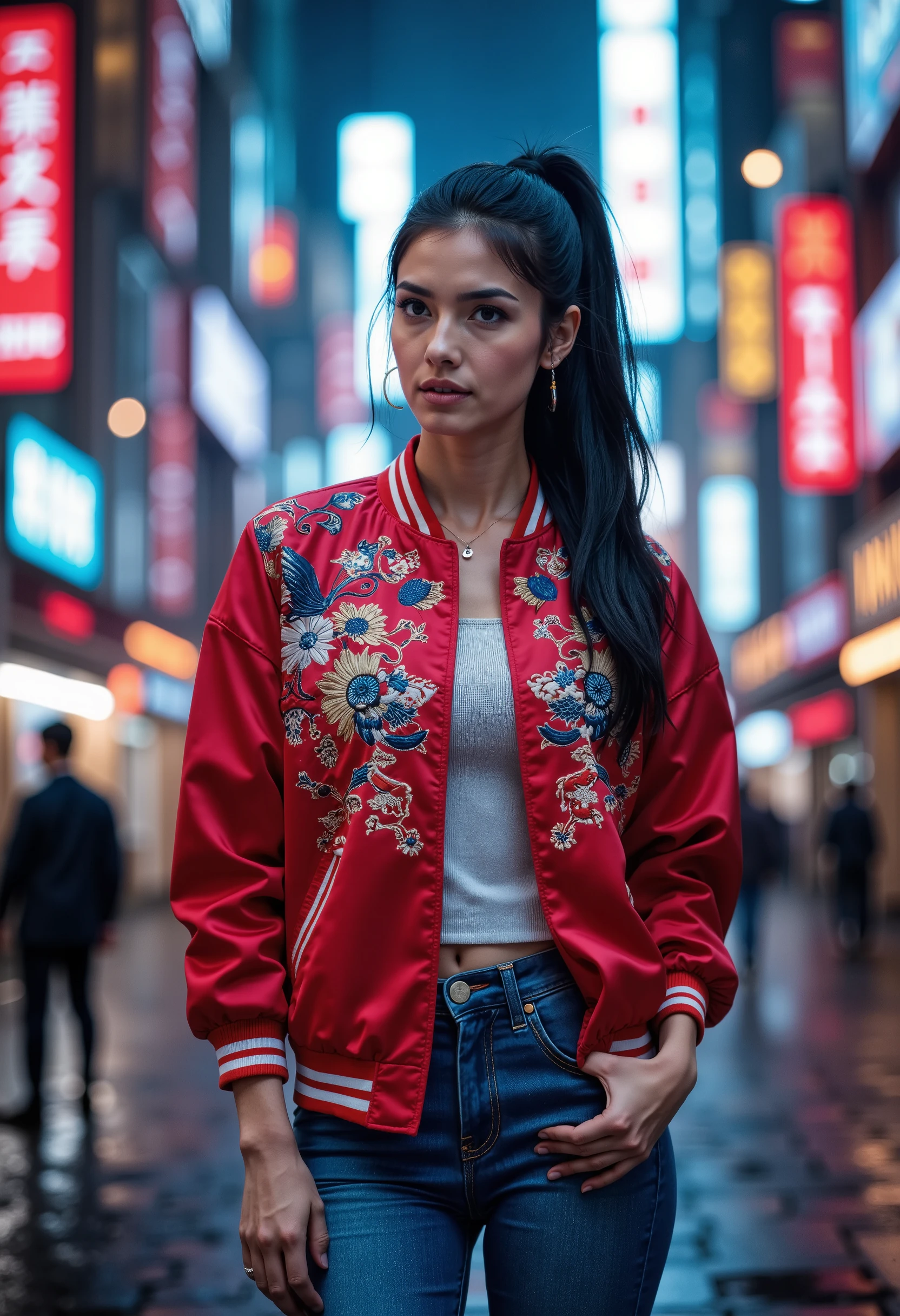 sukajan, Professional photography, portrait of a woman wearing red jacket and jeans, black hair, ponytail hair with, neon city in background, bokeh, depth of field 