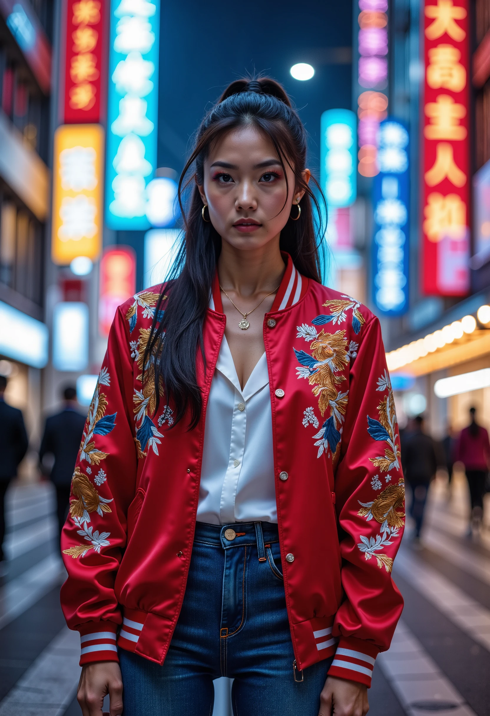 sukajan, Professional photography, portrait of a woman wearing red jacket and jeans, black hair, ponytail hair with, neon city in background, bokeh, depth of field 