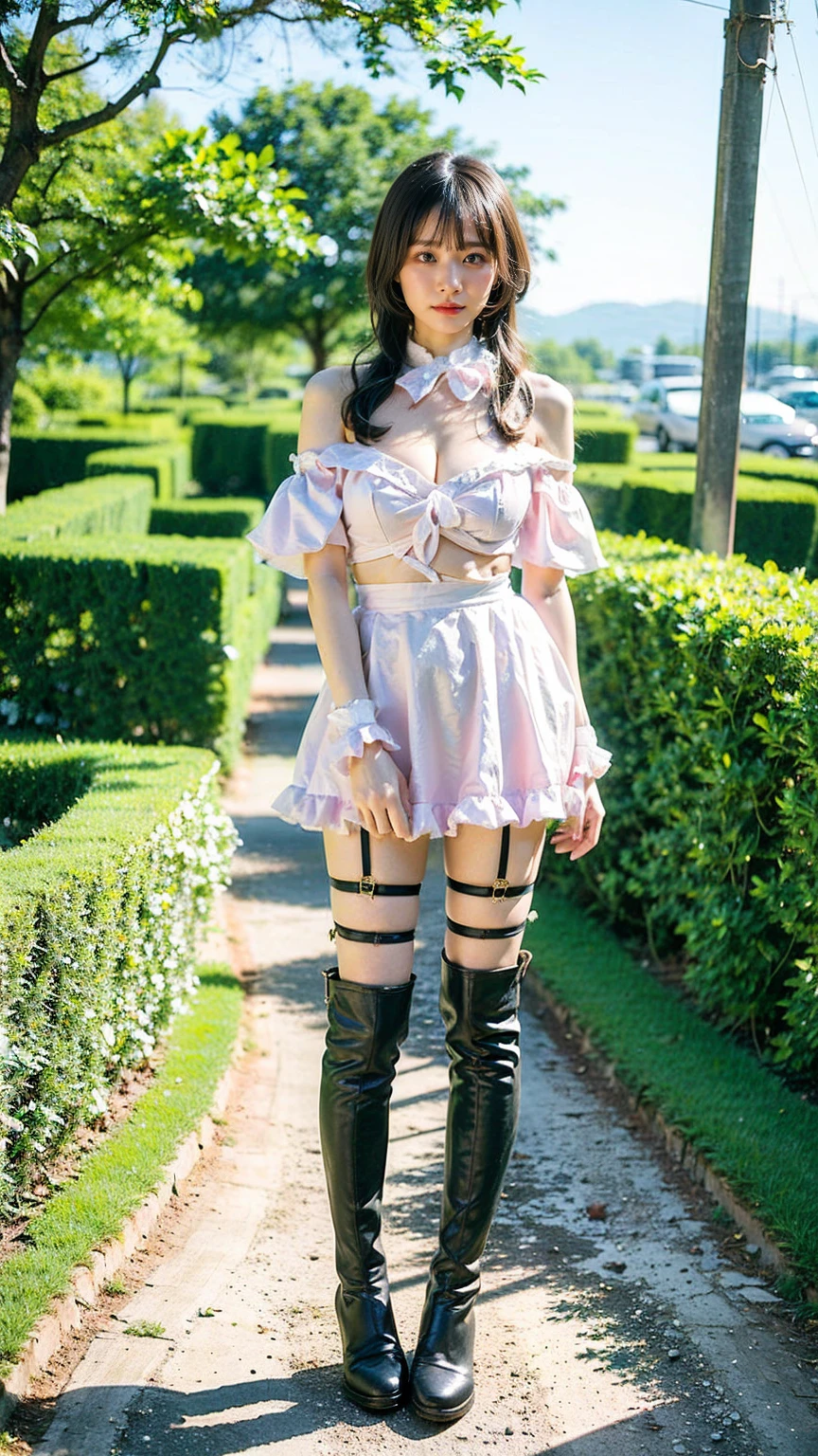 (8k、  RAW Photos from the Last Century 、 best quality、masterpiece:1.2)、(Realistic、Realistic)、1 person、((Black and Pink、silk off-the-shoulder、 see-through 、Frills、ribbon、 miniskirt、 Big Breasts 、 Thin legs、 cleavage、 garter belt、 boots 、  camera 、garden、I'm standing with my hands on my hips、whole body )、cute