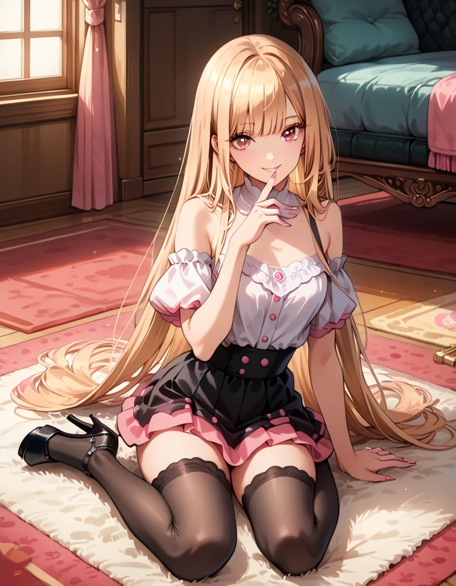 score_9, score_8_up, score_7_up, rating_questionable, 1girl, solo, beautiful waifu, very sexy (Marin Kitagawa, KitagawaMarin, pink eyes with black outline, light blonde hair, straight hair, straight bangs, long hair, pink nails:1.4), smiling, (mini skirt, blouse, big neckline, platform heels, bare shoulders, black stockings:1.3), long legs, (on the carpet, sitting, mpose:1.4), cute girly bedroom, head tilt, (Hand, detailed, perfect, perfection, hands:1.2), perfect hands, perfect proportions, Expressiveh.