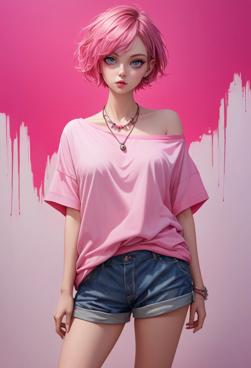 (masterpiece, best quality), 1girl, Flamingo pink Short Crop with Skin Fade, big breasts, <lora:santosanjos:0.8> cds4, white shirt, blue shoulders, bare arms, blue miniskirt
