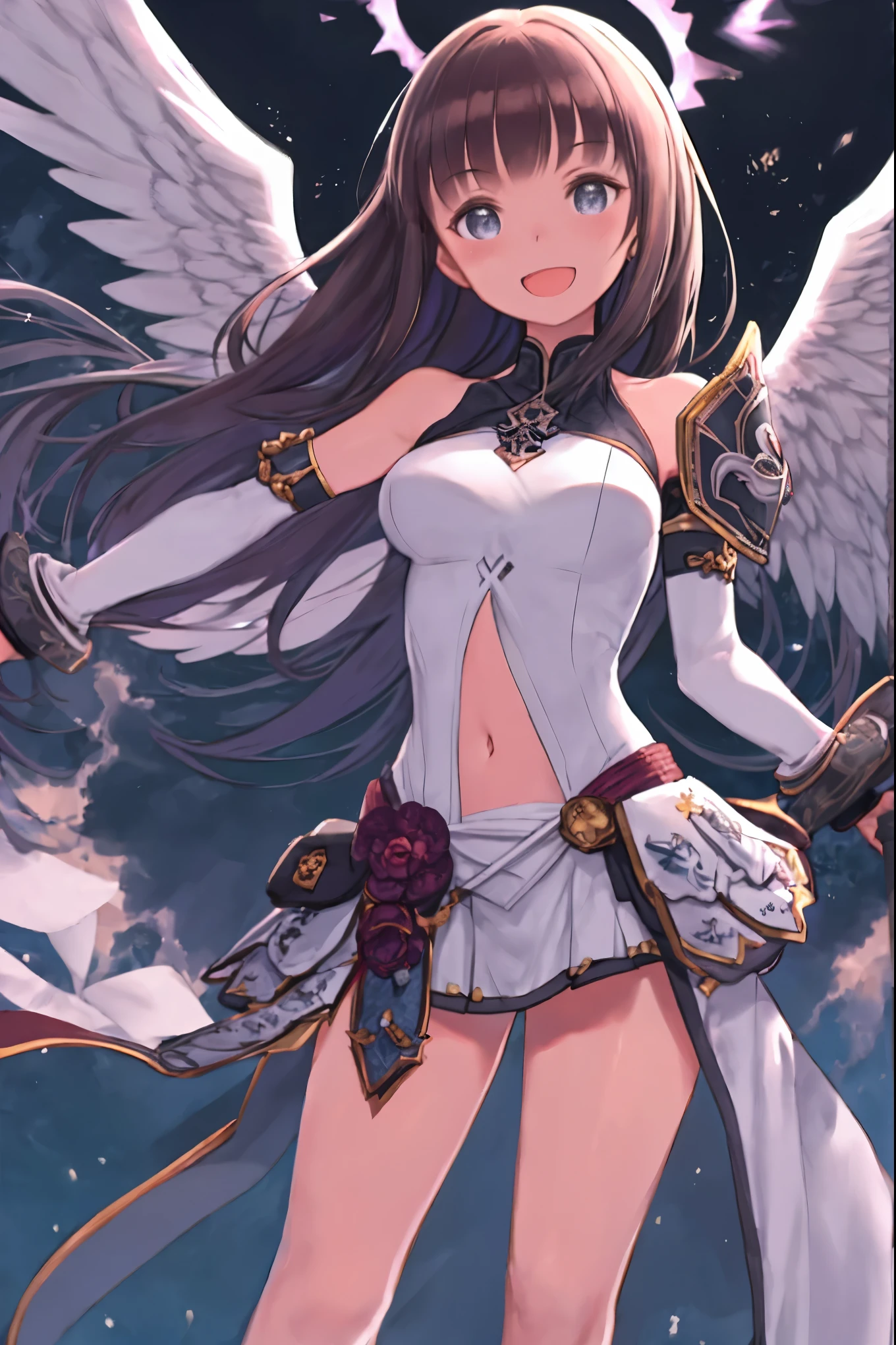 fantasy, 1angel_girl, low_teen, dark_brown_hair,long_bangs, (dark_skin)+, bare_shoulder, navel out, thighhighs,silver_shiny_armor, white_clothes,waist_armor, Glebe, hold_swords_emits_light, medium_breasts, dynamic_flying_pose,Floating, (1pair_white_wings:1.2),(pelvic_curtain:1.3), silver_Headgear ,looking_down_at_sunset_city_sky_background,,slightly_spread_legs, some_swords_emits_light,some_swords_emits_light_floating_around_the_girl,solo,glare_halo,laugh ,smile,open_mouth,open_legs,open_arms,rise_knee,rise_leg,rise_thigh,rise_leg,forward_leaning_posture,apart_legs,