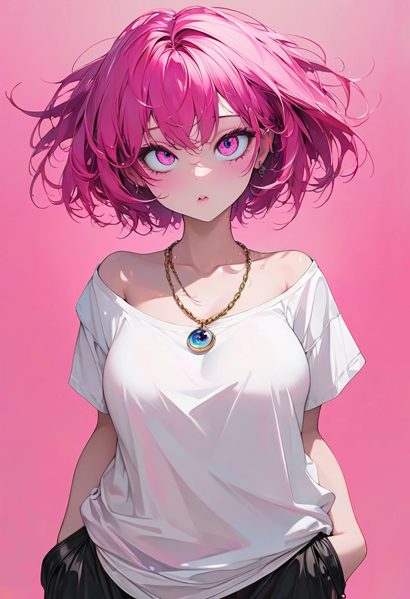 cute anime character girl, pink messy wavy hair, cross-shaped pupils, wearing loose baggy rapper-style costume, attractive and seductive face, make-up, covered in tattoos, superlative body proportion, background another dimension, notes effects, star effects, heart effects, glitter effects, (ultra detailed, absolutely resolution, best quality:1.3)