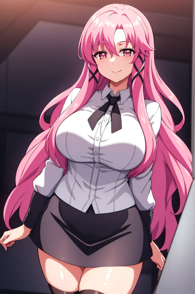 1 girl, pink hair, long hair, pink eyes, smile, sexy body, big breast, HDR, 8K, stand in the center of image looking at you, at work in the office, short black skirt, long black stockings, white shirt, black jacket, black tie