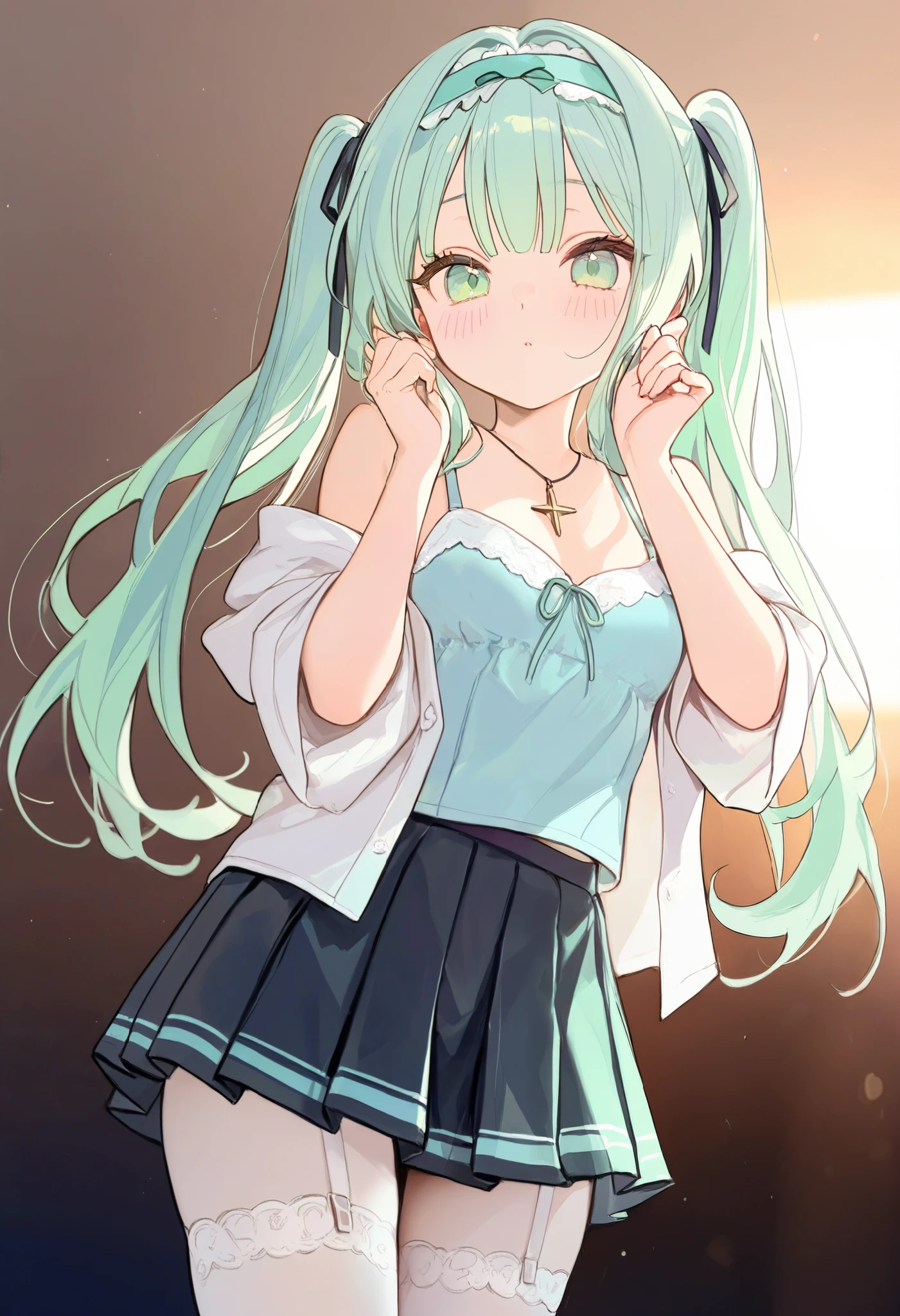 masterpiece, best quality, 8k, highres, ultra-detailed,  HDR, UHD, studio lighting, extreme detail description, professional,illustration,pastel,
theme color green, best quality, 1girl, long hair, twintails, green eyes, blush, frilly headband, white blouse, open shirt, pastel colors, blue camisole, short skirt, pleated skirt, thigh-high stockings, ribbons, star accessory, cross necklace, cute pose, hand near face, playful expression, light gradient background, soft lighting, kawaii aesthetic