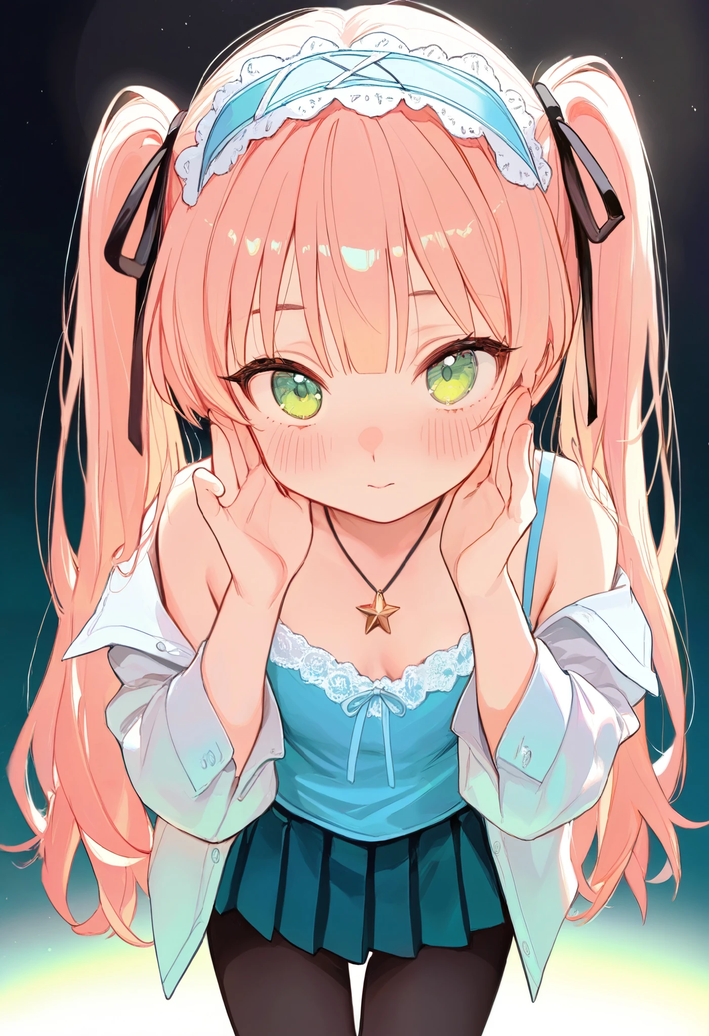 masterpiece, best quality, 8k, highres, ultra-detailed,  HDR, UHD, studio lighting, extreme detail description, professional,illustration,pastel,
theme color green, best quality, 1girl, long hair, twintails, green eyes, blush, frilly headband, white blouse, open shirt, pastel colors, blue camisole, short skirt, pleated skirt, thigh-high stockings, ribbons, star accessory, cross necklace, cute pose, hand near face, playful expression, light gradient background, soft lighting, kawaii aesthetic