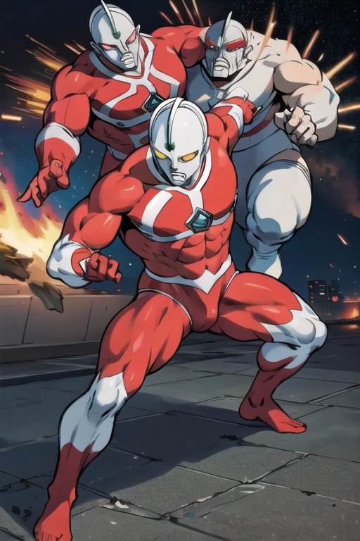 masterpiece,   best quality,(Realistic Touch,Burning City),  Ultraman,120m tall  ,  metallic skin,Combat pose,Strong，  crotch bulge， stout physique 、Thick chest、  manly  、 Masculinity, Robust，大きな crotch bulge，Stocky build、Pinch in battle 、suffer、Thick chest、be attacked by the enemy、 Expression of Agony、Broad shoulders