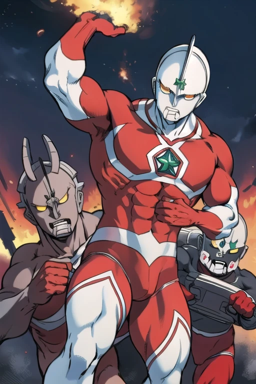 masterpiece,   best quality,(Realistic Touch,Burning City),  Ultraman,120m tall  ,  metallic skin,Combat pose,Strong，  crotch bulge， stout physique 、Thick chest、  manly  、 Masculinity, Robust，大きな crotch bulge，Stocky build、Pinch in battle 、suffer、Thick chest、be attacked by the enemy、 Expression of Agony、Broad shoulders