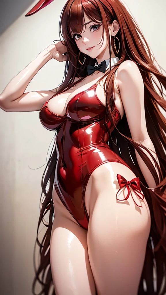 A masterpiece of the highest order, ultra high precision, ultra high image quality, 8K quality, realistic anime style, a woman, a perfect woman with the best anatomical and ergonomic face and body, a well-proportioned face and body, (((Long hair:1.3))), (((shiny red hair:1.2))), (((very long bangs:1.2))), a slim face, ((narrow deep clear Yellow eyes:1.2)), (((deep glossy and shining eyes))), (((eyes with highlights))), (((very long eyelashes))), thin red lips, a tall and slender body, (very large and heavy breasts:1.4), tight waist, large hips, white skin, moist and lustrous skin, (((Red colored sexy bunny costume:1.2))), (((large earrings))), (((Bunny girl's ears, Cuffs, collar, bow tie))), (((beautiful smile))), mysterious atmosphere, great presence, ((upper body, sexy pose))
