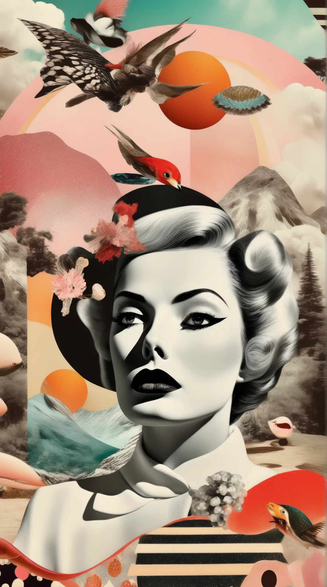 
Create a high-contrast surreal collage that blends dreamy elements of paradise, incorporating vibrant colors and intricate details. Feature stunning landscapes inspired by 1950s movies, showcasing beautiful faces and captivating figures. Emphasize a sense of elegance and fantasy, evoking a breathtaking and fascinating atmosphere.