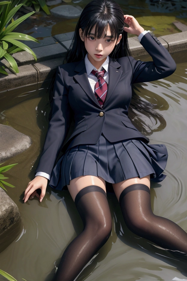 A schoolgirl in a school uniform suit with a skirt, jacket, blouse, dark pantyhose, high-heeled shoes. Swimming in a dirty pond. Realistic. Lying in the water. Undewater. Gets wet in clothes. Clothes are wet and stick to the body. Schoolgirl's body immersed in water. WAM. Immersion in water.