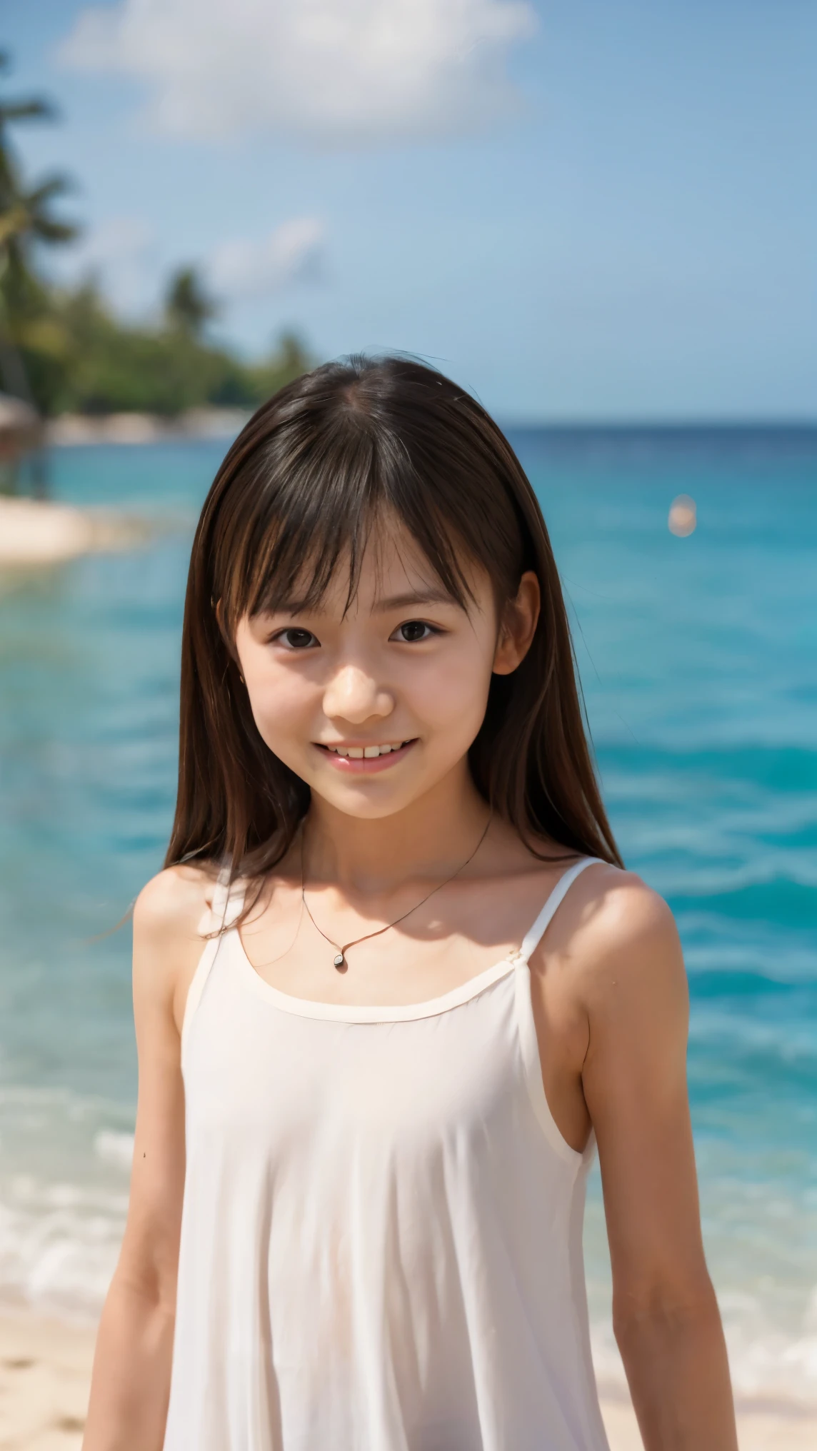 Girl,Hair long and straight,The background is the beach,(:1.6),smile、White tank top、Japanese face、high resolution