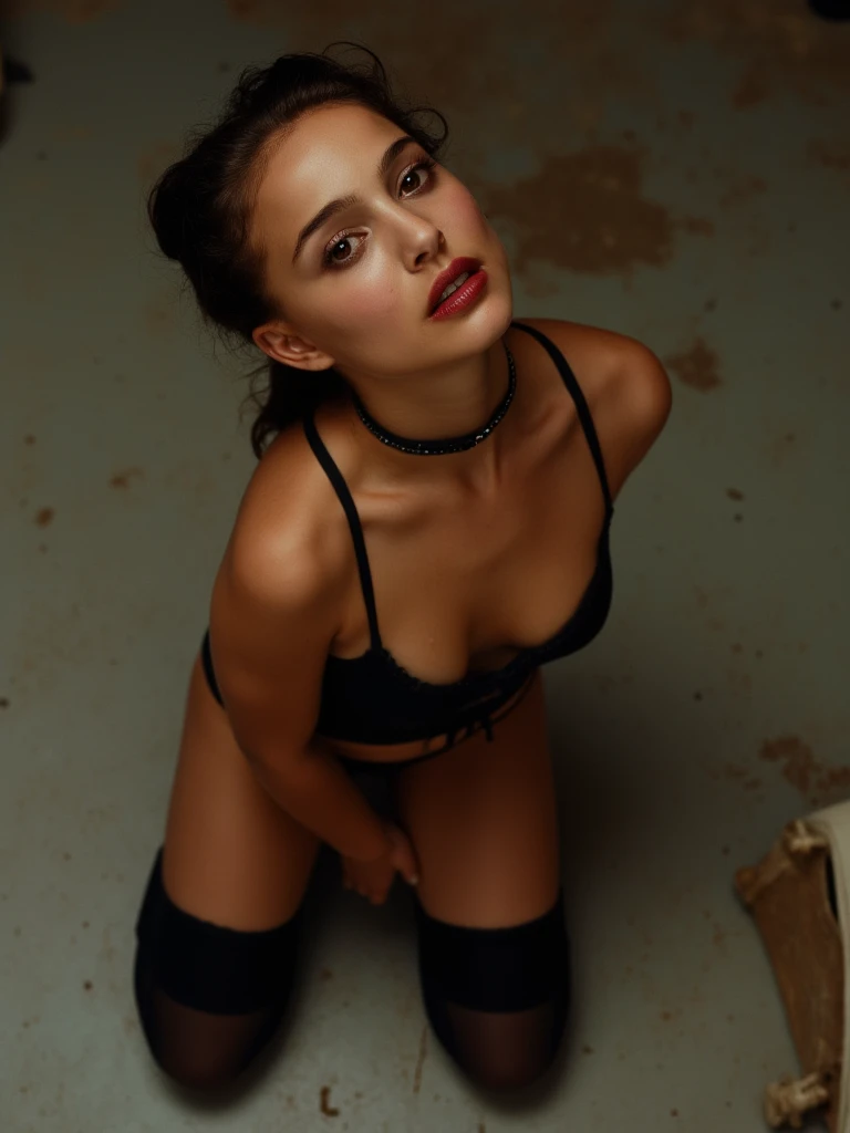 young female ****, skinny, wide hips, dark skin tone, tan, black hair, medium length styled in neat bun, medium perky breasts, cleavage, seductive look, black garter belt, black knee-high stockings, choker, natural light, realistic, 8K, UHD, kneeling on ground looking up at viewer, hands behind back, leaning back, sweaty, mascara, small black lace bra, mouth ajar, head back, red lipstick, young face, eye contact, closet, goosebumps, oiled skin, aerial view, legs apart, legs spread, clothes on the ground, arm bracelet