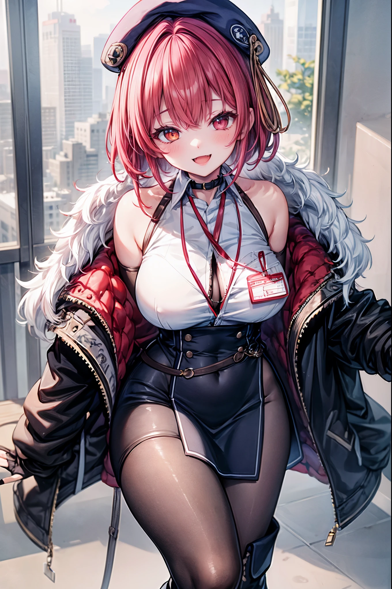 ((Masterpiece)), (Best Quality), marine_beret, Collared_White_Shirt, Sleeveless, High-waisted Skirt, Pantyhose, Blue Jacket, Fur Embellishment, Fingerless Gloves, ID Card, Solo,marine_officer,, black pantyhose, black gloves, thigh boots, beret,houshou_marine,heterochromia, red eyes, orange eyes,open_mouth,big_smile,evil_smile,fang,large_breasts,,office_landscape,red_short_hair,(plump:0.7),open_mouth,tongue, slouch,pov,grin,evil,