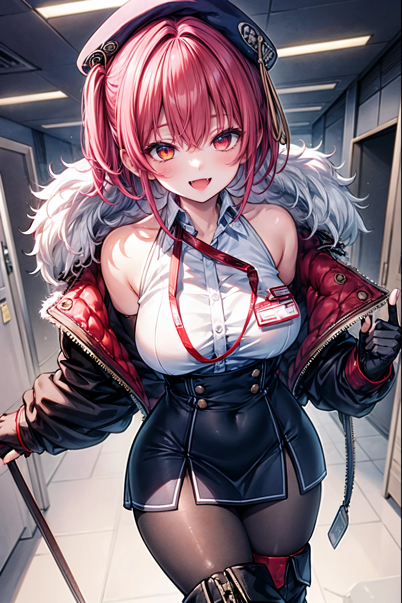 ((Masterpiece)), (Best Quality), marine_beret, Collared_White_Shirt, Sleeveless, High-waisted Skirt, Pantyhose, Blue Jacket, Fur Embellishment, Fingerless Gloves, ID Card, Solo,marine_officer,, black pantyhose, black gloves, thigh boots, beret,houshou_marine,heterochromia, red eyes, orange eyes,open_mouth,big_smile,evil_smile,fang,large_breasts,,office_landscape,red_short_hair,(plump:0.7),open_mouth,tongue, slouch,pov,grin,evil,