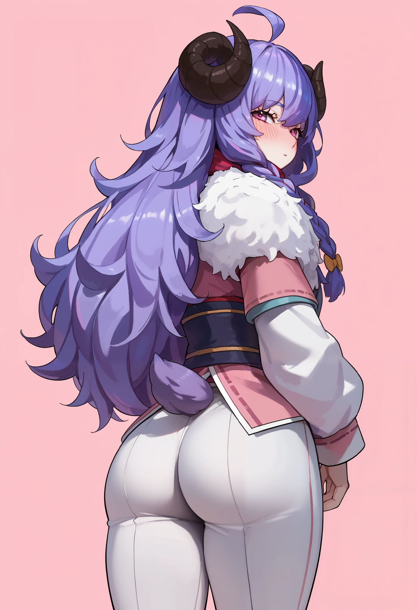 Masterpiece, anime, 1girl, Sbkin, sheep girl, long hair, purple hair, braids, curved horns, pink eyes, ahoge, (purple tail), japanese clothes, white puffy pants, scarf, fur trim, from behind, ass, looking at viewer, blush, upper body, relaxed, looking back, pink background, simple background, score_9, score_8_up, score_7_up, unaestheticXL_bp5