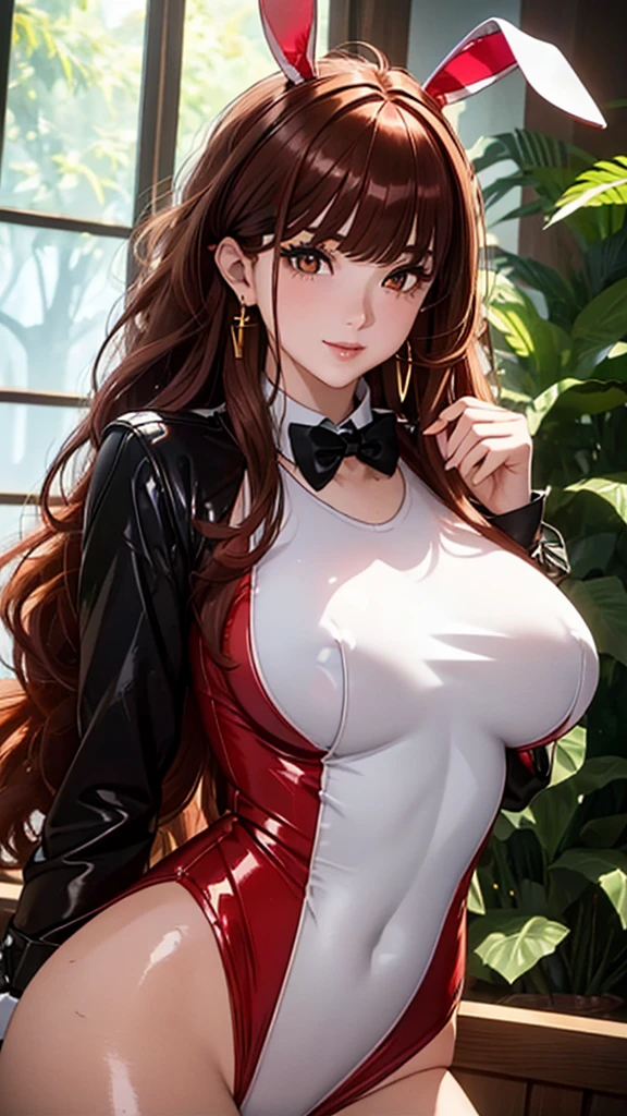 A masterpiece of the highest order, ultra high precision, ultra high image quality, 8K quality, realistic anime style, a woman, a perfect woman with the best anatomical and ergonomic face and body, a well-proportioned face and body, (((Long hair:1.3))), (((shiny red hair:1.2))), (((very long bangs:1.2))), a slim face, ((narrow deep clear Yellow eyes:1.2)), (((deep glossy and shining eyes))), (((eyes with highlights))), (((very long eyelashes))), thin red lips, a tall and slender body, (very large and heavy breasts:1.4), tight waist, large hips, white skin, moist and lustrous skin, (((Red colored sexy bunny costume:1.2))), (((large earrings))), (((Bunny girl's ears, Cuffs, collar, bow tie))), (((beautiful smile))), mysterious atmosphere, great presence, ((upper body, sexy pose))
