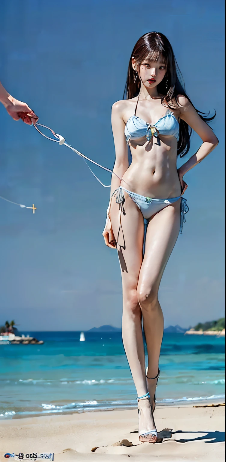 Korean slim women、Vivid and bold colors, Realistic rendering, 4K resolution, HDR lighting, Clear water reflecting the sunlight, The warm light of the sun, Golden glow, Cute girl in swimsuit、Fine lines and details, Realistically rendered textures, Seagulls flying overhead, Blue sky with fluffy clouds, A distant island floating on the horizon々.Enoshima、Enoshimaが見える