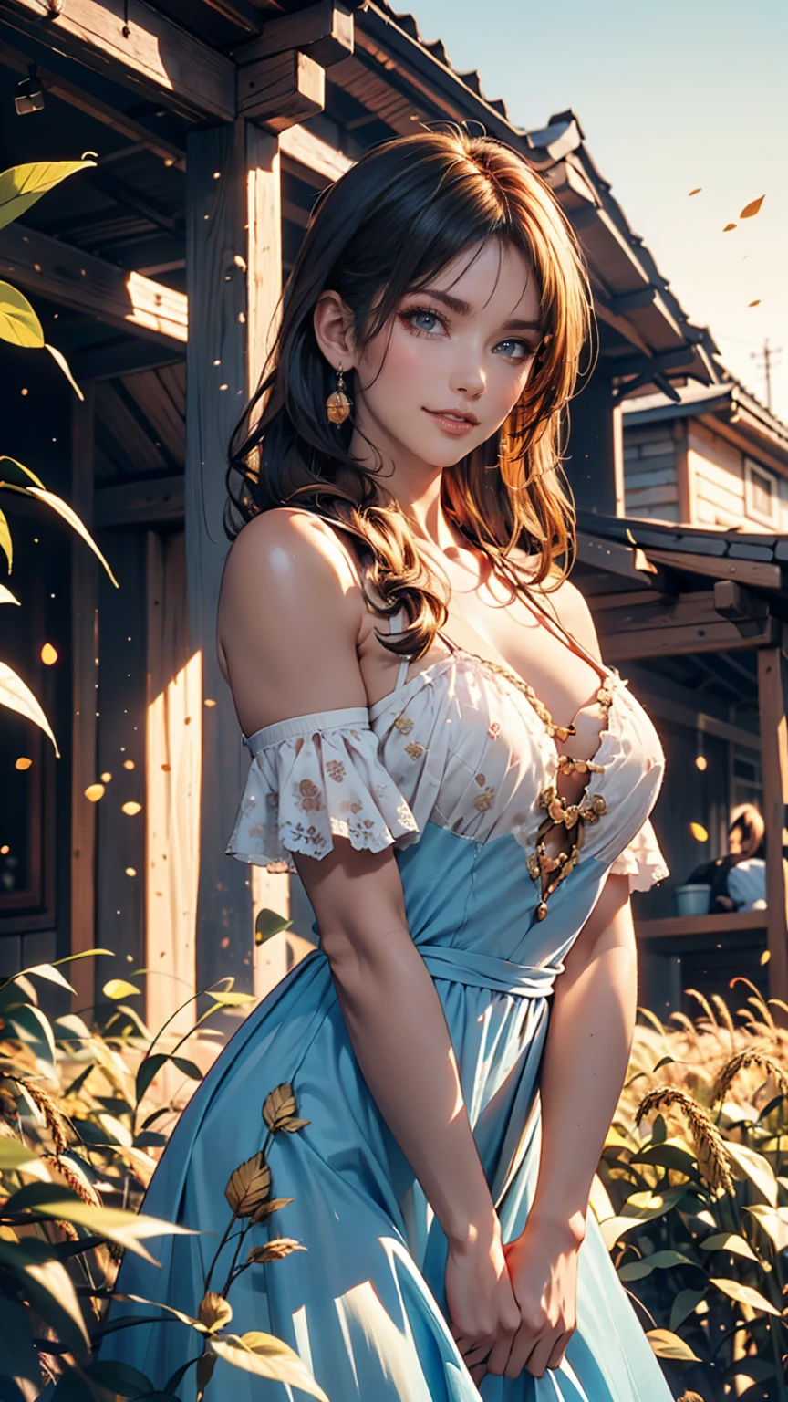 1 person, 20 years old, Tall and attractive, Wearing a cute country dress,  braid hair, Standing on a rural farm. She is kind, A kind smile and expressive eyes. A charming barn can be seen in the background.., Golden wheat fields and clear blue skies. Enhance your impact by capturing images that look like they were taken on ., The soft depth of field and soft bokeh accentuate the idyllic tranquility...   vintage 35mm film, which creates a composition filled with warm golden hour light, movie,