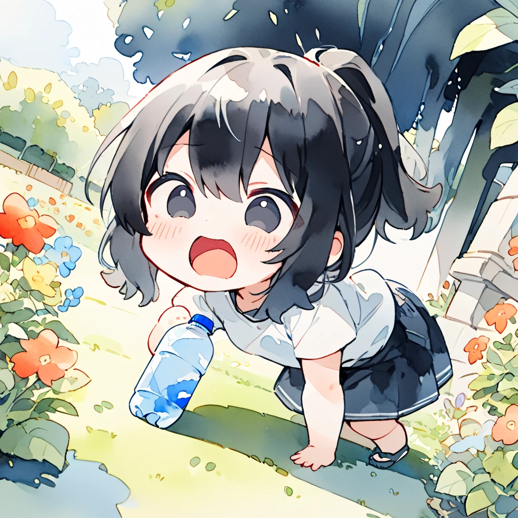 1girl, chibi, fair skin, (black hair:1.2), long hair, ponytail, big droopy eyes, black eyes,
garden, holding plastic bottle, serious, open mouth, bending over, dutch angle shot,
watercolor, (masterpiece, best quality, hyper detailed:1.2),