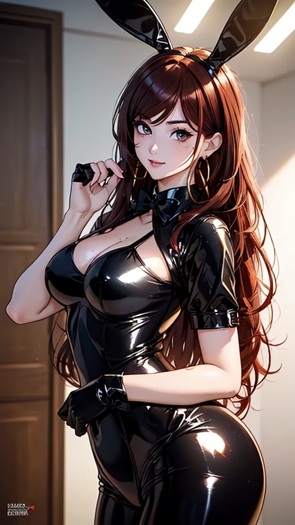 A masterpiece of the highest order, ultra high precision, ultra high image quality, 8K quality, realistic anime style, a woman, a perfect woman with the best anatomical and ergonomic face and body, a well-proportioned face and body, (((Long hair:1.3))), (((shiny red hair:1.2))), (((very long bangs:1.2))), a slim face, ((narrow deep clear Yellow eyes:1.2)), (((deep glossy and shining eyes))), (((eyes with highlights))), (((very long eyelashes))), thin red lips, a tall and slender body, (very large and heavy breasts:1.4), tight waist, large hips, white skin, moist and lustrous skin, (((Black colored sexy bunny costume:1.2))), (((large earrings))), (((Bunny girl's ears, Cuffs, collar, bow tie))), (((beautiful smile))), mysterious atmosphere, great presence, ((upper body, sexy pose))
