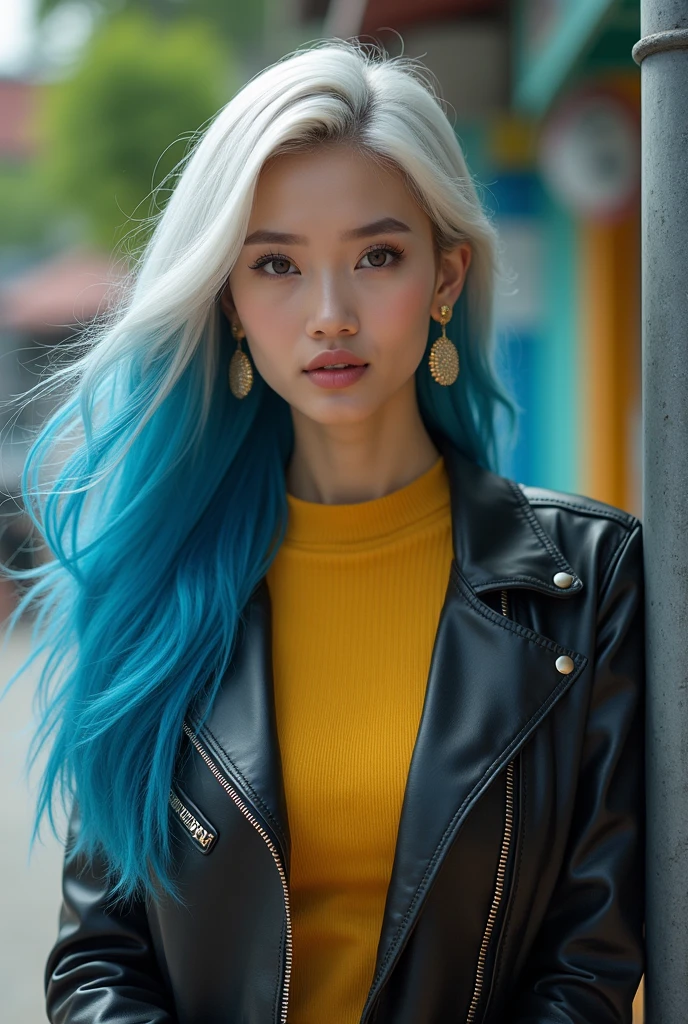  Cinematic portrait of a beautiful Indonesian woman with smooth white skin ,  standing gracefully while leaning against the concrete pole of Ramat city street light Its long, wavy butts transition from super bright white at the top to super blue at the bottom, natural flowing around her .  She wears a yellow shirt leather jacket and round earrings ear accessories ,  adds an elegant and luxurious touch .  His expression is calm and confident ,  with a soft smile that exudes calm and charm ,  perfectly complements the peaceful and colorful surroundings .