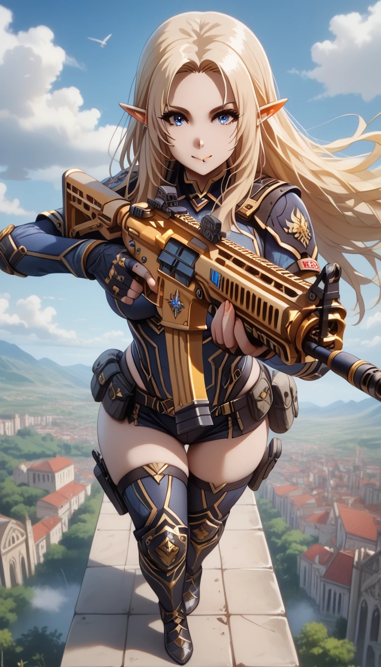 ultra-detailed, 1girl, alpha, elf, ((masterpiece)), (best quality), (highres), 16K, perfect face, long hair, blue eyes, blonde hair, pointy ears, tactical clothes, black thong, thighhighs, knee pads, busty body, large breasts and a beautiful ass, showcasing cleavage, legs, hips, (holding assault rifle), looking at viewer, smile, detailed full body, rooftop background