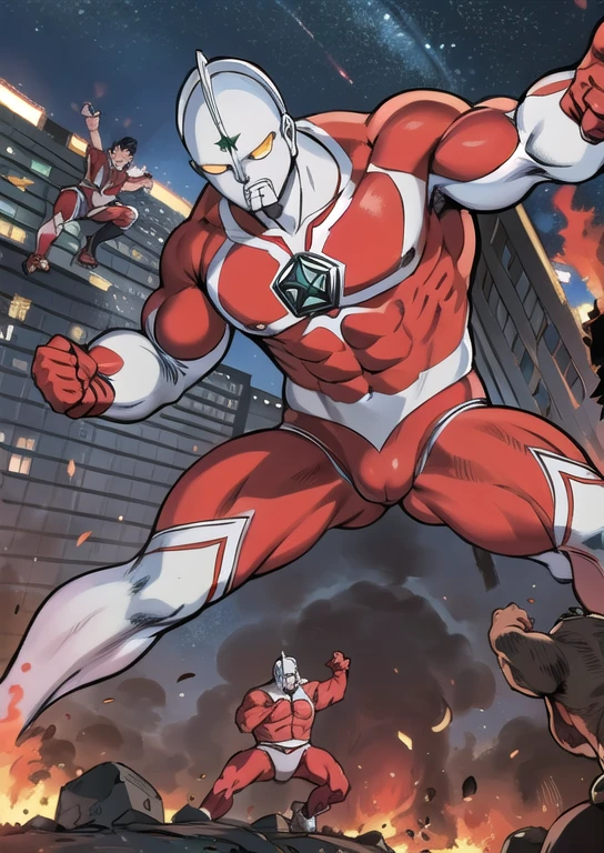 masterpiece,   best quality,(Realistic Touch,Burning City),  Ultraman,120m tall  ,  metallic skin,Strong，  crotch bulge， stout physique 、Thick chest、  manly  、Masculinity, Robust，大きな crotch bulge，Stocky build、Pinch in battle 、suffer、Thick chest、be attacked by the enemy、Broad shoulders、Thick arms、Dignified、Energy draining 、defeat