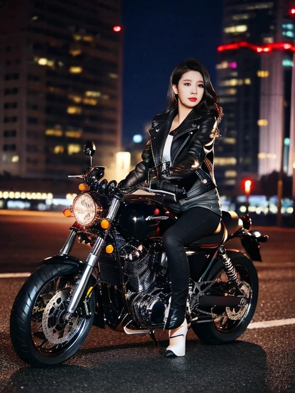 (desktop,nsfw), full body shot,  Photos of the whole motorcycle ,  cute young woman ,  riding an old ,  traditional shiny silver metal motorcycle in the city, Charming shape ,  and shiny smooth hair over shoulders ,  Wearing a leather black riding jacket , Jacket Pulled to both sides ， Snow White Big Boobs ,  Wearing Black Leather Riding Gloves, ((No panties exposing the vagina)), Leather Black High Heels ,  Staring at night view at sea ,  beautiful face in the real photo ,  double eyelids , natural makeup, long eyelashes,  Glossy Lips , 8K resolution,  Height Detail ,  detailed hairstyle ,  Detailed Face , black eyes, grace, [典雅,  Movie Light ,  octane rendering ,  Vivid Color , Super real photos,  white skin, Perfect limbs,  Perfect Anatomy 