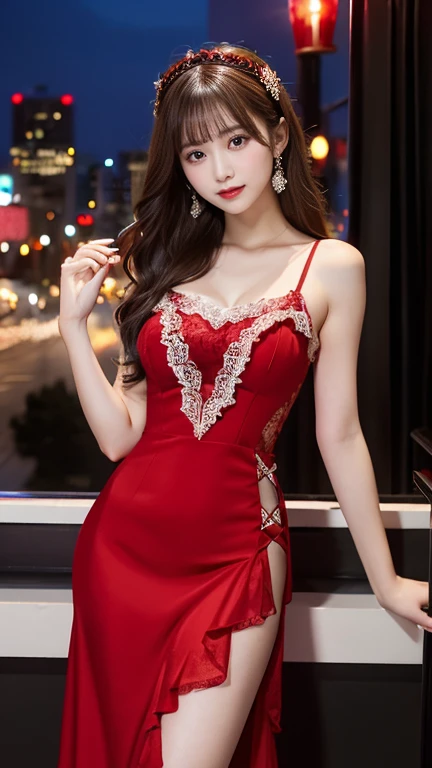  cabaret club、masterpiece、 best quality、 super detailed、 high definition 、8k wallpaper、 layered dress、red lace dress、( long dress :1.3)、 gorgeous costume、 20 year old girl 、