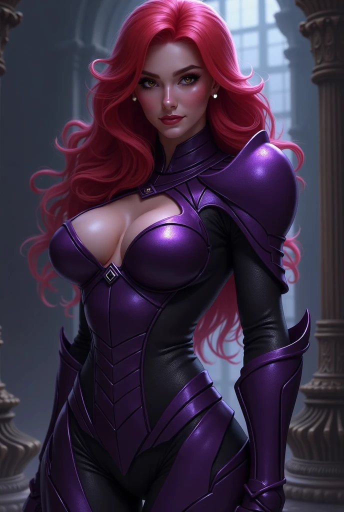 gorgeous cosmic goth witch, enticing viewer with dark magic, flowing red hair, coy smile, cleavage, tight purple dress, symmetrical, hourglass figure, extremely beautiful woman, cosmic goddess, alluring, blue eyes, luscious red lips, fair skin, highly detailed face, looking at viewer, 8k powerful magic