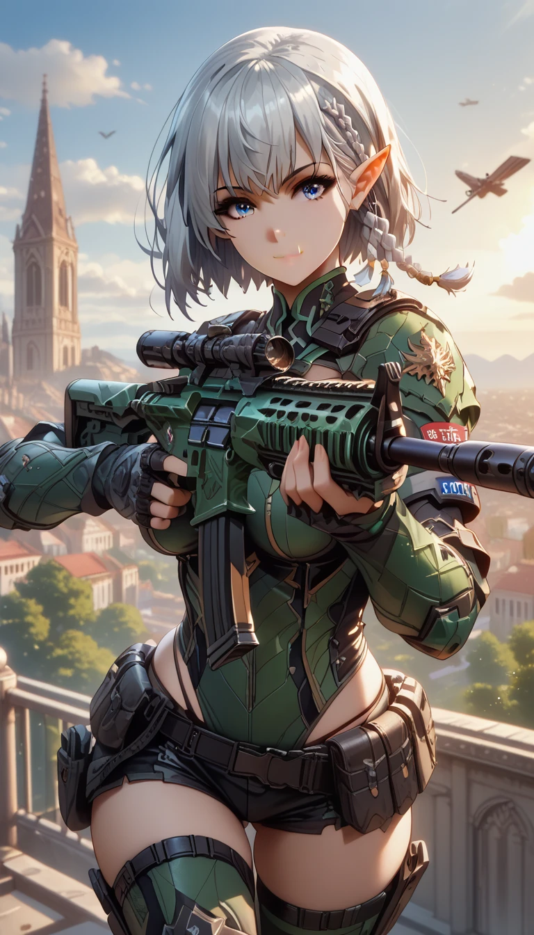 ultra-detailed, 1girl, beta, elf, ((masterpiece)), (best quality), (highres), 16K, perfect face, short hair, blue eyes, braid, grey hair, tactical clothes, black thong, thighhighs, knee pads, busty body, large breasts and a beautiful ass, showcasing cleavage, legs, hips, (holding assault rifle), looking at viewer, smile, detailed full body, rooftop background