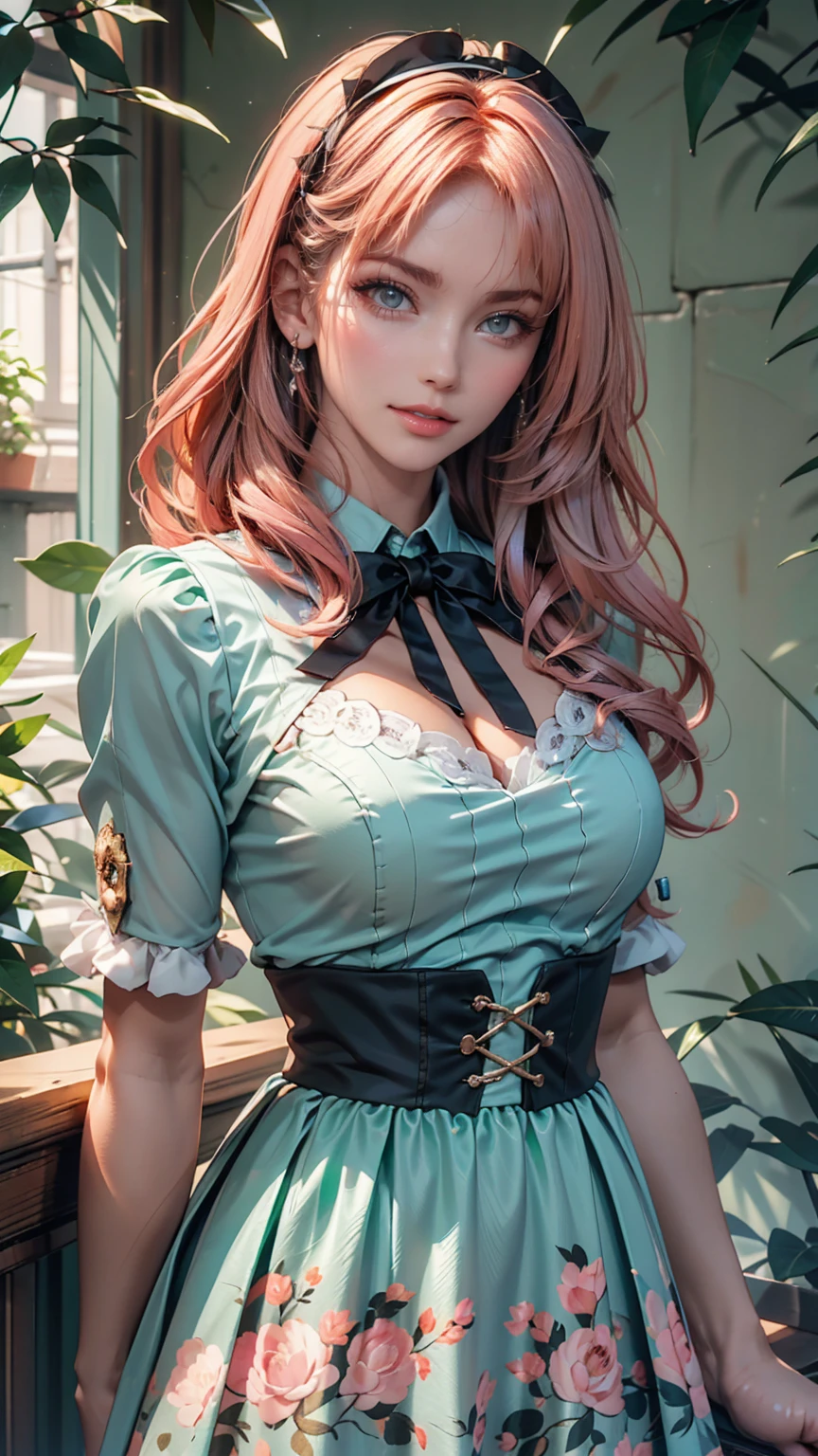 (Masterpiece, BestQuality:1.3), (ultra detailed:1.2), (hyperrealistic:1.3), (RAW photo:1.2), High detail RAW color photo, professional photograph, (Photorealistic:1.4), (realistic:1.4), professional lighting, perfect anatomy, (Big Breasts:1.2), (blush, detailed face), (cheerful Smile:1.5), (Pink Hair:1.5), Trending Hair&Trending Hairカラーをランダムに, earrings, necklace, bracelet, sexly, erotic sexly, Random sexy gravure poses, (Beautiful woman in a green dress、Luxurious library、Intellectual look、Pose to lift skirt and show thighs。: 1.3)