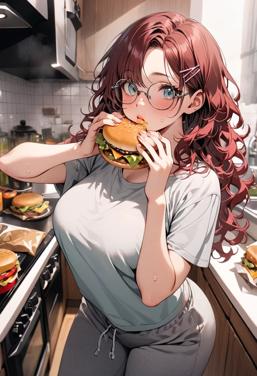 High quality, One girl, curvy body, teal eyes, dark red hair, messy wavy hair, hair clips, freckles, thick lips, large breasts, long eyelashes, glasses, loose gray t shirt, sweat pants, eating hamburger, fast food bags on kitchen table, kitchen background, daytime