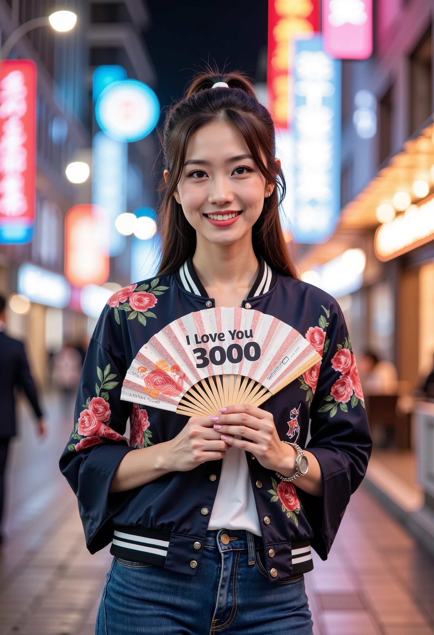 sukajan, professional photography, portrait of a Asian woman wearing sukajan and jeans, jacket, ponytail hair, gently smiling, beautiful makeup, she holding a fan with text "I Love You 3000", neon city in background, bokeh, depth of field 