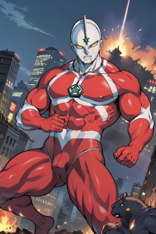 masterpiece,    best quality,(Realistic Touch,Burning City),   Ultraman,120m tall   ,   metallic skin,Powerful，   crotch bulge， Physically strong 、Thick chest、   manly   、 Masculinity, Strong，大きな  crotch bulge， stout physique 、Stranded in battle 、suffer、Thick chest、 is attacked by enemies、 Broad shoulders、Thick arms、Dignified、 energy drains 、defeat、 surrounded by enemies 