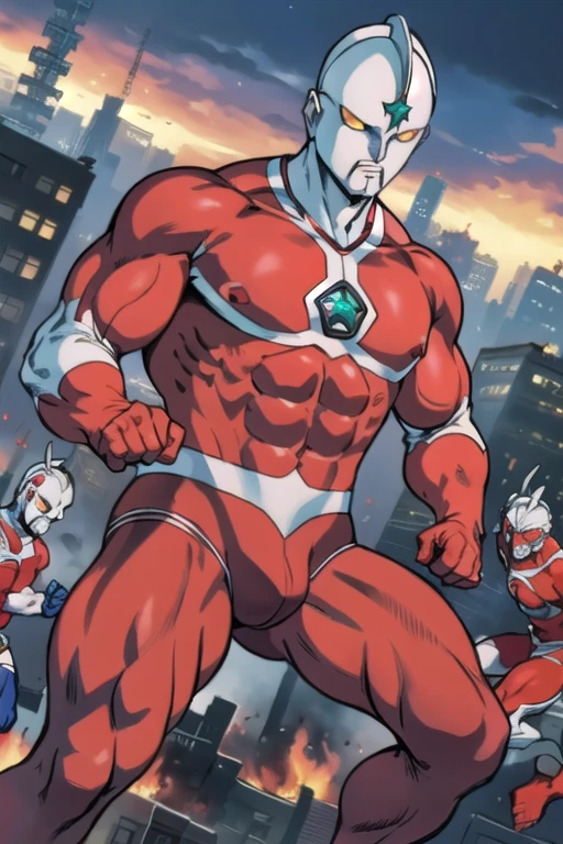 masterpiece,    best quality,(Realistic Touch,Burning City),   Ultraman,120m tall   ,   metallic skin,Powerful，   crotch bulge， Physically strong 、Thick chest、   manly   、 Masculinity, Strong，大きな  crotch bulge， stout physique 、Stranded in battle 、suffer、Thick chest、 is attacked by enemies、 Broad shoulders、Thick arms、Dignified、 energy drains 、defeat、 surrounded by enemies 