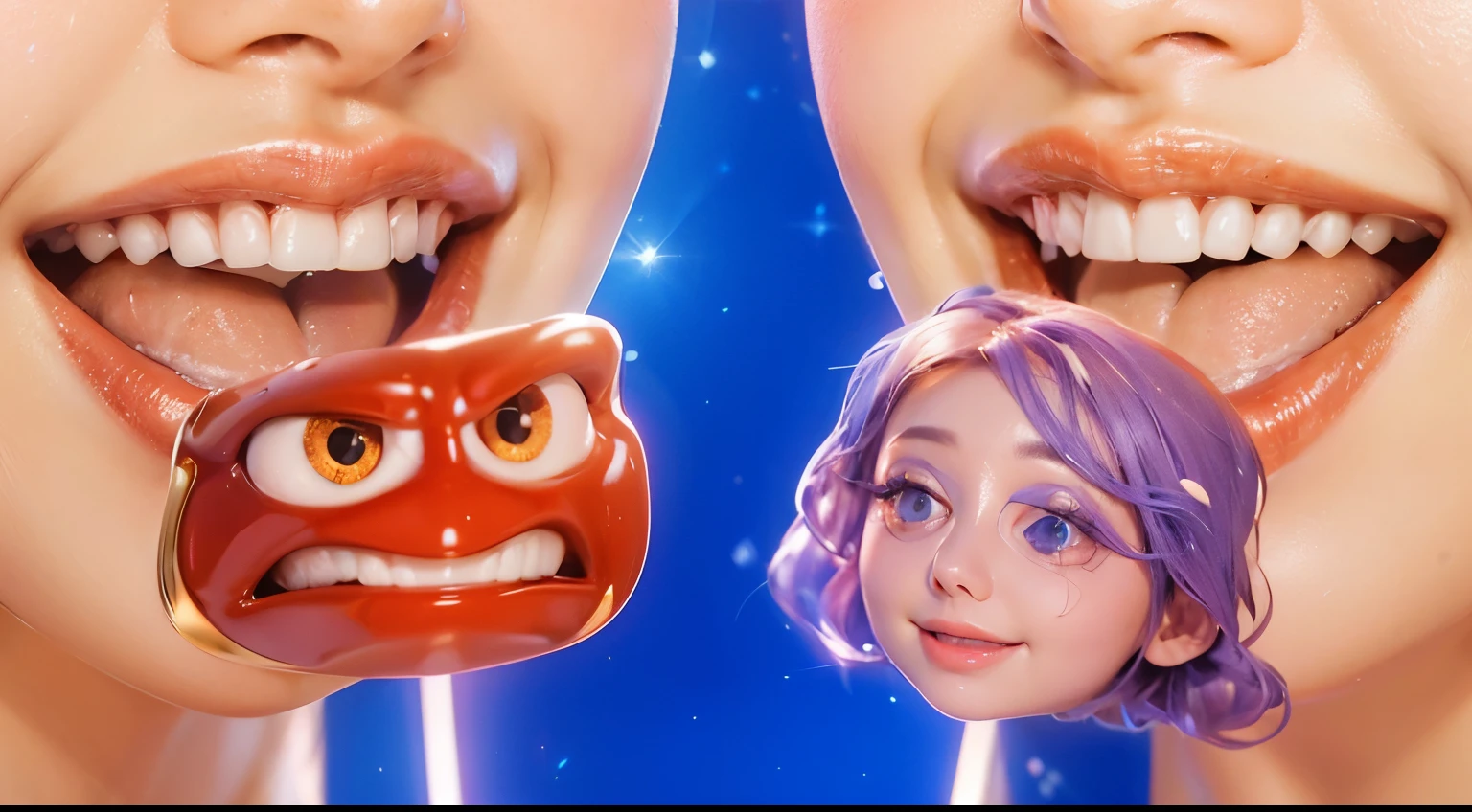 The image shows a scene from a movie where a young girl with blue hair and a yellow dress is holding hands with a girl with red hair and a green dress, smooth 3d model, glossy plastic texture, multiple light sources, rim light, sharp post effects render, most beautiful vfx, , realistic, 4k, high resolution, rim light, smooth 3d model. ,  glossy texture, smooth 3d model, multiple light sources, rim light, sharp post effects render, (glossy plastic texture with multiple big light probe refractions), perfect cgi,   reflective, best quality, 4k, masterpiece:1.2, ultra-detailed, realistic, vivid colors, The image of the highest quality, ensuring every detail showcased perfectly. It in 4k resolution, allowing viewers to immerse themselves in the richness of the colors and intricate details. The realistic rendering. under the spotlight, reflecting, high-resolution image, realistic rendering