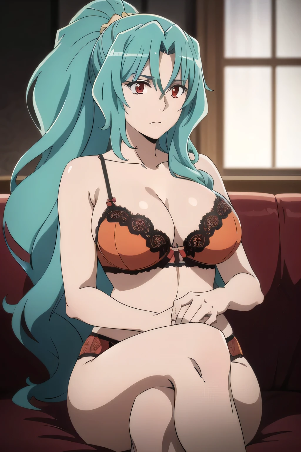 1girl, twintails, purple eyes, long hair, blue hair,((red bra,red underwear)),sitting on the bed,split legs
