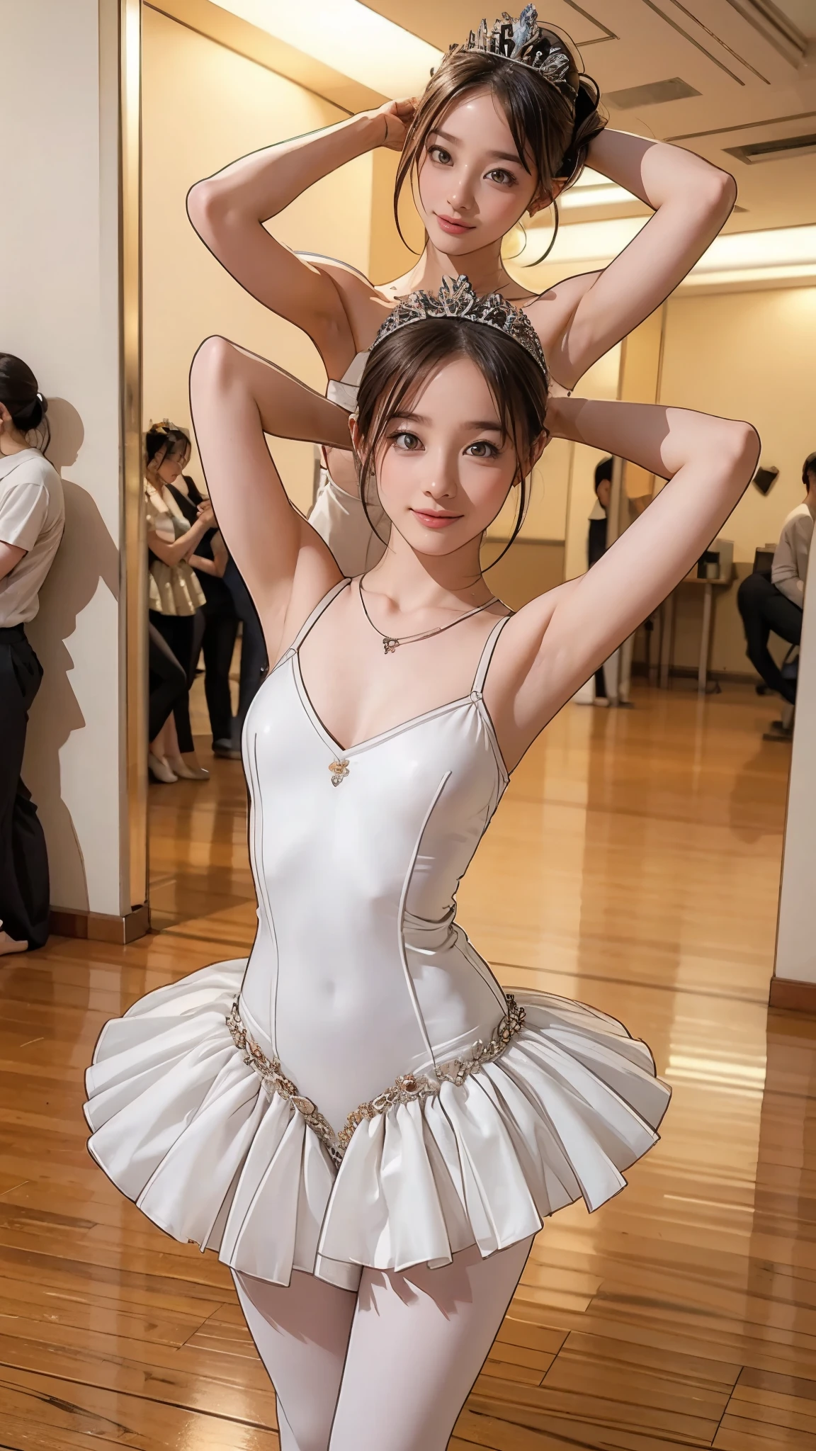 最  High Quality ,   high definition , Realistic,   COMPLETE ANATOMY ,   Very detailed,    detailed face  , Detailed body,   High Quality , (  place your arms behind your head :1.3),    gentle smile,  ballet dancers, (A costume that fits the body very well:1.4,  Very Thin生地),  , Droopy eyes,  cute girl, Young Face, ballerina,  Very Thin:1.5,  Very Thin waist:1.4,     sexy standing pose    , Ballet Dance Room, ((cold,   tiara  ))