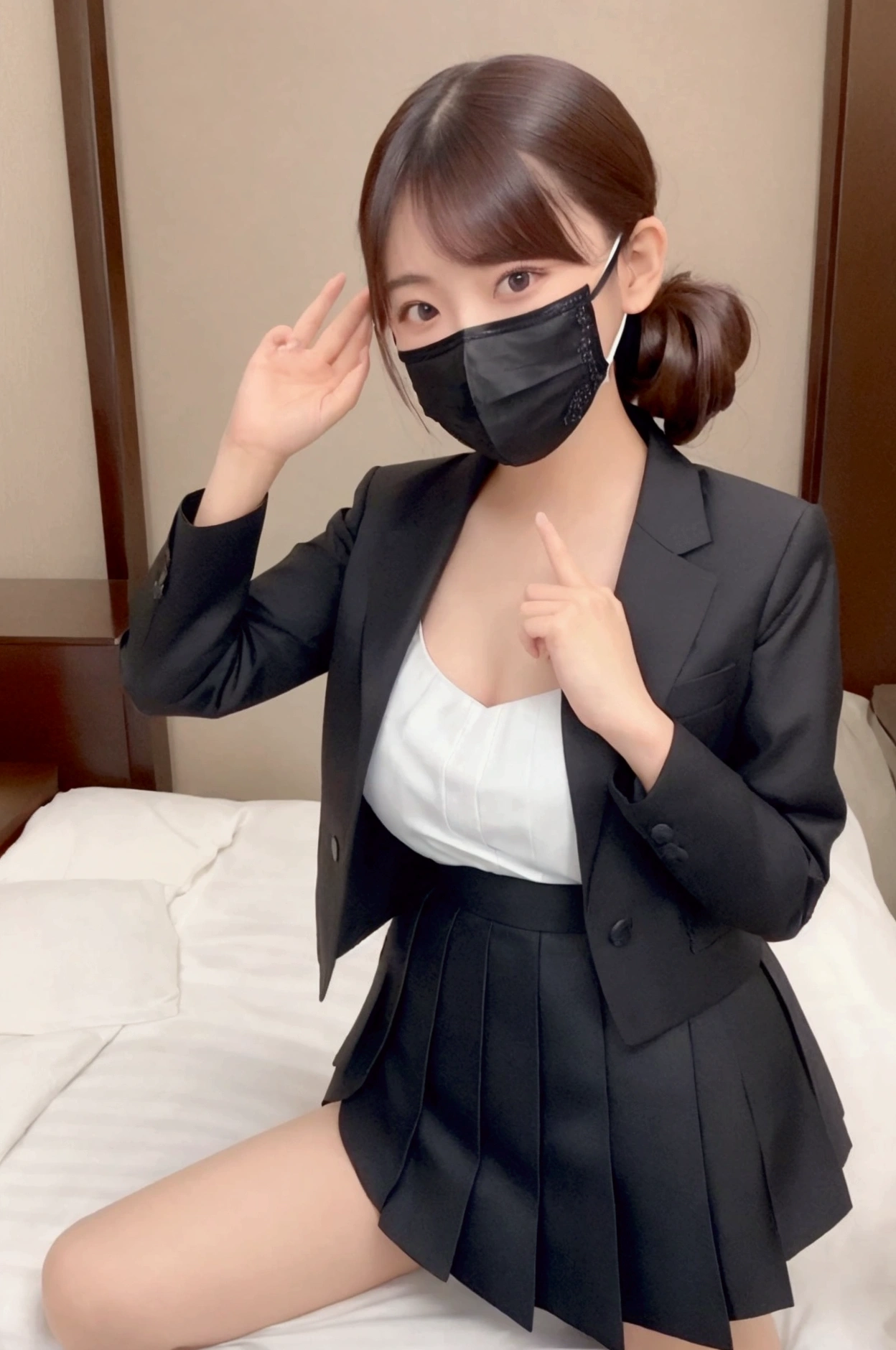 A 20-year-old Japanese woman spending time completely naked outdoors Medium-long, glossy black hair Selfie Smiling Wearing a mask and wearing an open coat in a deserted area