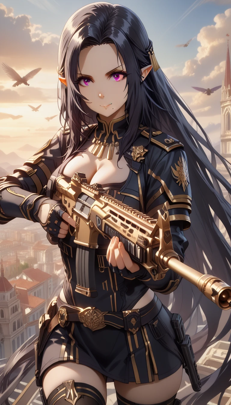 ultra-detailed, 1girl, gamma, ((masterpiece)), (best quality), (highres), 16K, perfect face, long hair, purple eyes, black hair, very long hair, pointy ears, mole, mole under mouth, tactical clothes, tactical belt, black thong, thighhighs, knee pads, busty body, large breasts and a beautiful ass, showcasing cleavage, legs, hips, (holding assault rifle),looking at viewer, smile, detailed full body, rooftop background